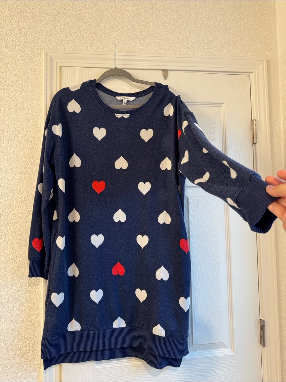 Navy Heart Print Sweater Dress - Red & White